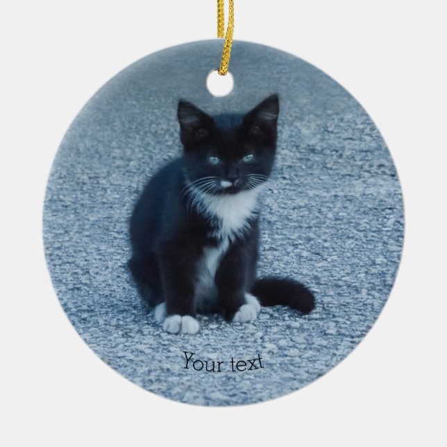 Personalise Tuxedo black and white kitten Ceramic Tree Decoration (Front)