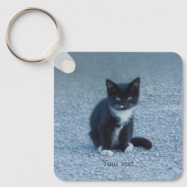 Personalise Tuxedo black and white kitten Key Ring (Front)