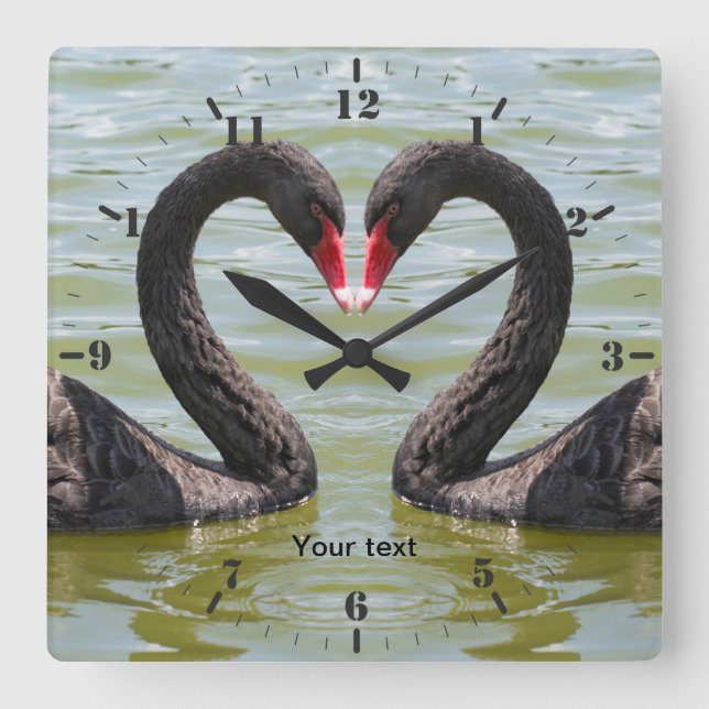 Personalise Two Black Swans birds in heart shape Square Wall Clock (Front)