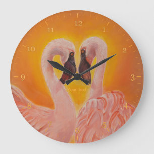 Personalise Two Flamingos Love heart Dance Large Clock