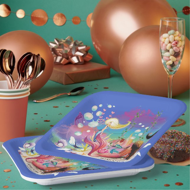 Personalise Under The Sea Mermaid Ocean Purple  Paper Plate (Multi)