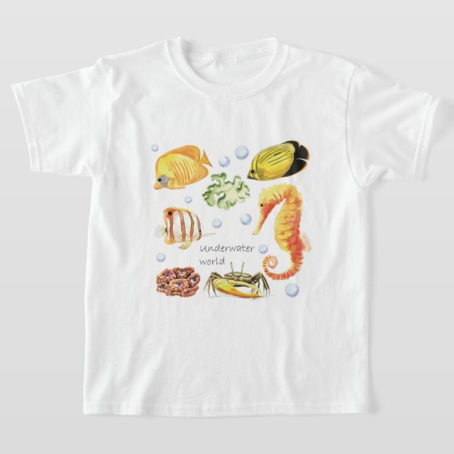 Personalise Underwater World Seaweed Crab Seahorse T-Shirt (Laydown)