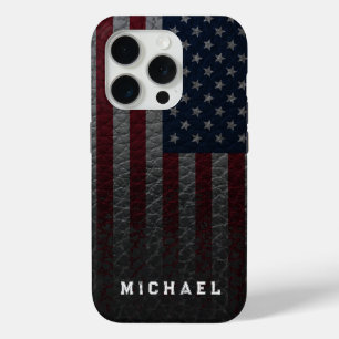 Personalise USA Flag Faux Leather Background iPhone 15 Pro Case