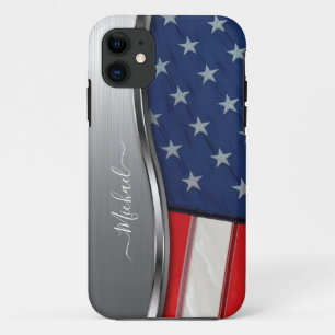 Personalise USA Flag Faux Silver Metal Swirl Case-Mate iPhone Case