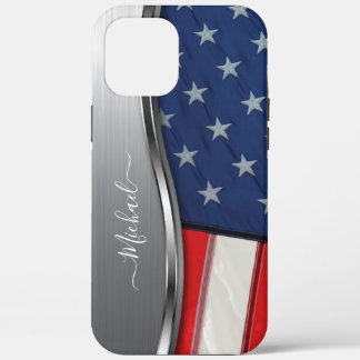 Personalise USA Flag Faux Silver Metal Swirl iPhone 12 Pro Max Case
