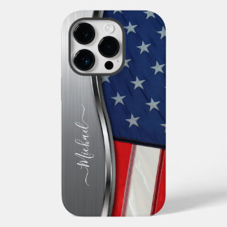Personalise USA Flag Faux Silver Metal Swirl Case-Mate iPhone 14 Pro Case