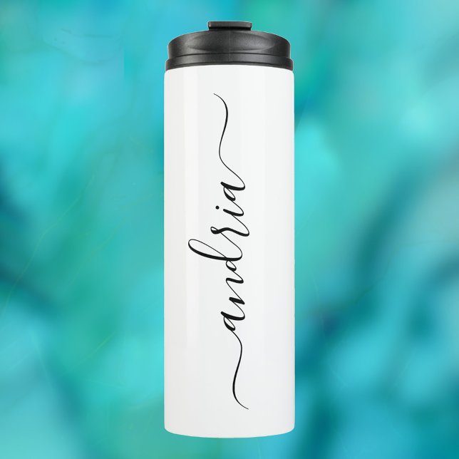 Personalise Vertical Black Script Name on White Thermal Tumbler (Creator Uploaded)