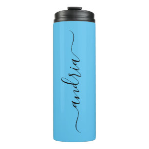 Personalise Vertical Black Script Name, Sky Blue Thermal Tumbler
