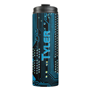 Personalise Vertical Name Blue/Black Circuit Board Thermal Tumbler