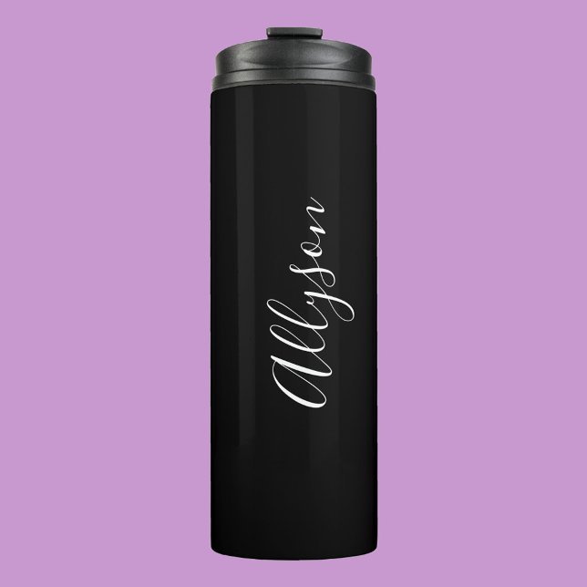 Personalise Vertical Name in White Script on Black Thermal Tumbler (Creator Uploaded)