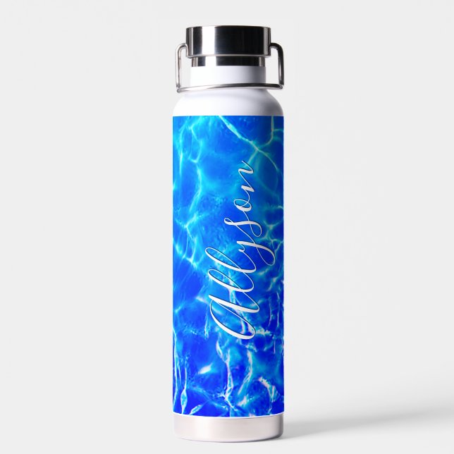 Personalise Vertical Name White Script, Blue Water Bottle (Back)