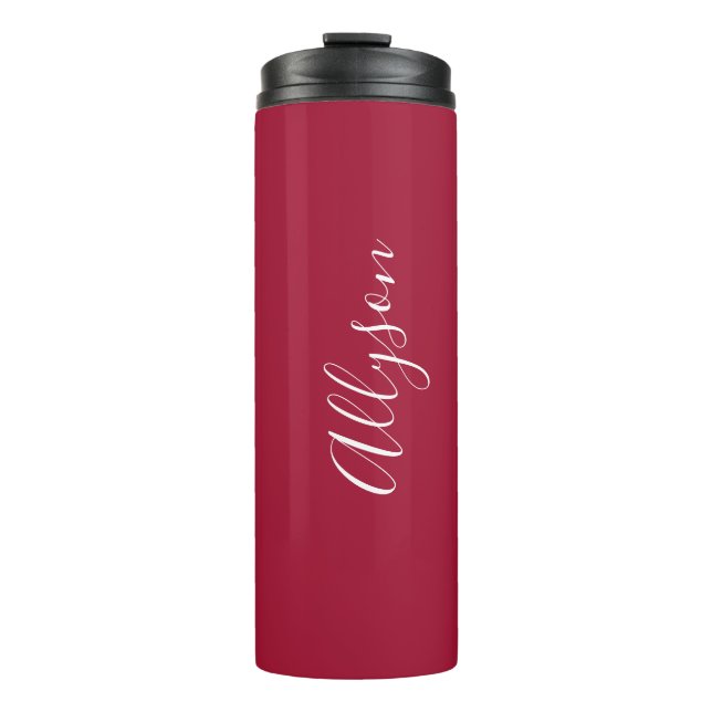 Personalise Vertical Name, White Script, Deep Red Thermal Tumbler (Front)