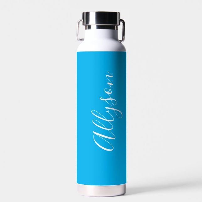 Personalise Vertical Name, White Script, Sky Blue Water Bottle (Front)