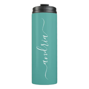 Personalise Vertical White Script Name on Teal Thermal Tumbler