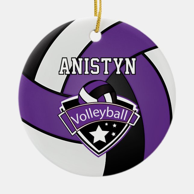 Personalise Volleyball in Purple, White and Black Ceramic Tree Decoration (Front)