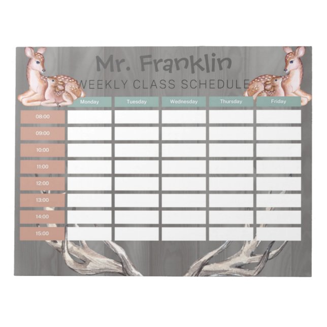 Personalise Watercolor Deer Weekly Class Schedule Notepad (Front)