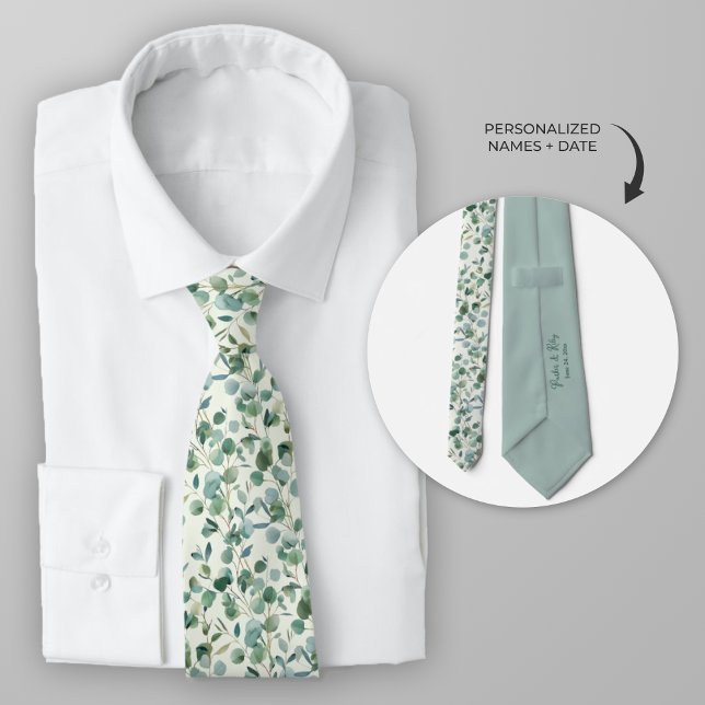 Personalise Watercolor Eucalyptus Tie (Personalized eucalyptus wedding theme neck tie)