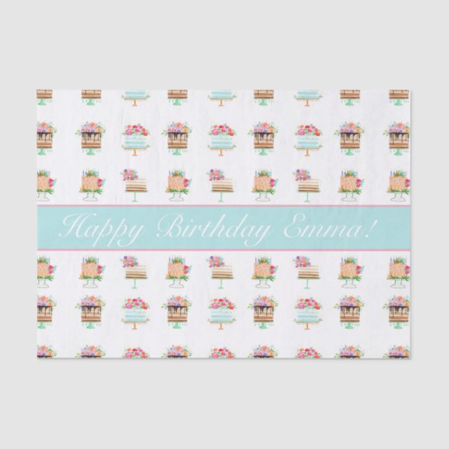 Personalise Watercolor Floral Birthday Cakes Tissue Paper (Front)