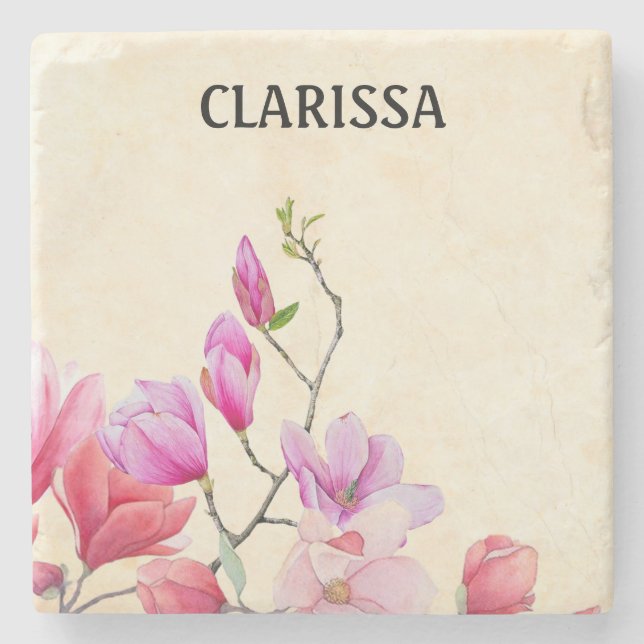 Personalise Watercolor Flower Stone Coaster (Front)