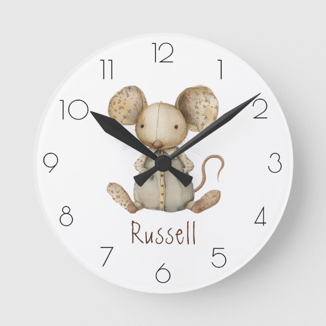 Personalise Watercolor Mouse Nursery Child’s Room Round Clock (Front)