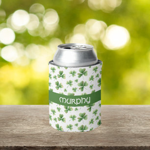 Personalise Watercolor Shamrock Pattern Can Cooler