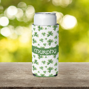 Personalise Watercolor Shamrock Pattern Seltzer Can Cooler