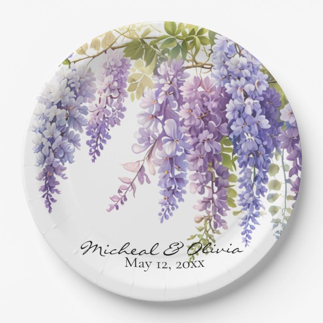Personalise watercolor wisteria purple floral  paper plate (Front)