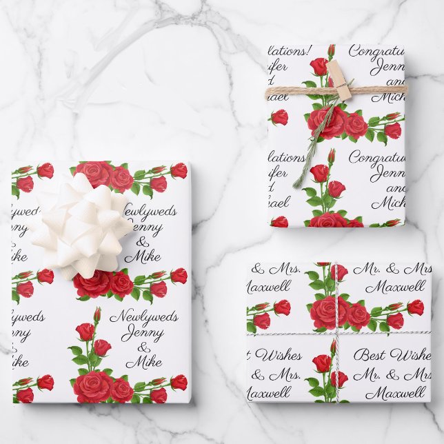 Personalise Wedding 3 Sayings Your Text Red Roses Wrapping Paper Sheet (Creator Uploaded)
