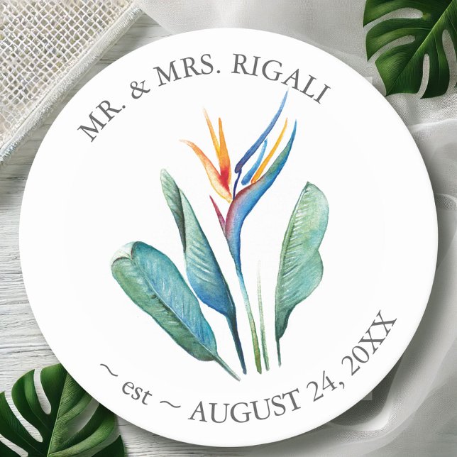Personalise Wedding Coasters Watercolor Flower (Tropical gifts coasters watercolor bird of paradise flower by Victoria Grigaliunas Do Tell A Belle)