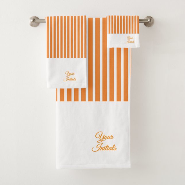 Personalise Wedding Gift Orange Striped White      Bath Towel Set (Insitu)