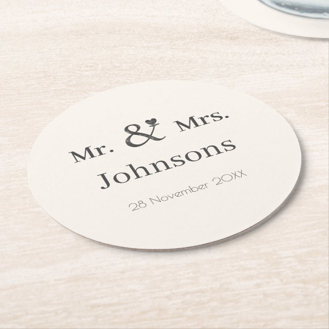 Personalise wedding name ampersand typography  round paper coaster (Angled)