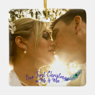 Personalise Wedding Photo Peacock Feather Ceramic  Ornament