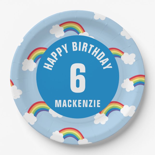 Personalise Whimsical Rainbow Birthday Party Plate (Front)