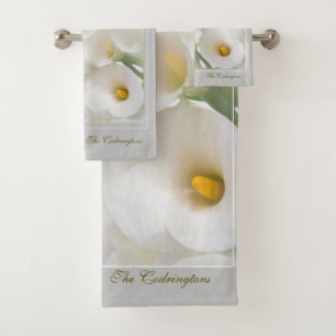 Personalise White Calla Lily with Foliage Bath Towel Set