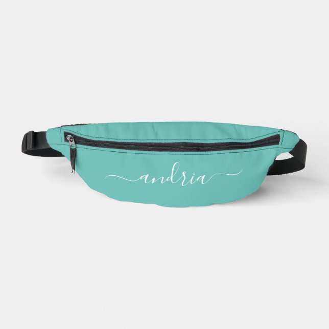 Personalise White Script Name on Light Teal Bum Bags (Front)