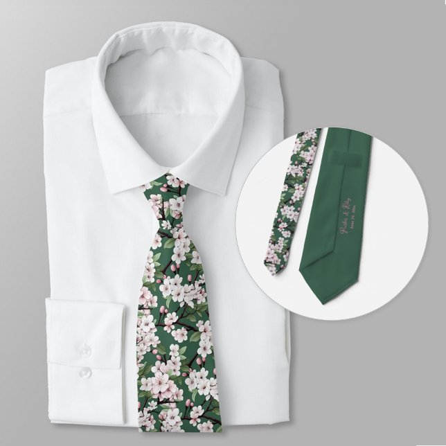 Personalise Wild Cherry Blossom Watercolor Flowers Tie (Personalized neck tie for groom's wedding day.)