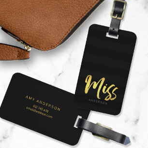 Personalise with Name Faux Gold Miss Black Stripes Luggage Tag