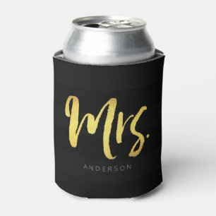 Personalise with Name Faux Gold Mrs Black Stripes Can Cooler