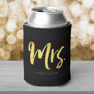 Personalise with Name Faux Gold Mrs Black Stripes Can Cooler