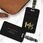 Personalise with Name Faux Gold Mrs Black Stripes Luggage Tag<br><div class="desc">Stylish personalised luggage tag featuring the word "Mrs" in faux gold foil brush script against a black stripes pattern background. It makes great gifts for newly weds or anniversaries. If you wish to make your name stand out better against the dark background, change the font colour to a lighter colour...</div>