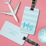 Personalise with Name Miss Preppy Blue Stripes Luggage Tag<br><div class="desc">Travel in style with this personalised luggage tag featuring the word "Miss" in blue brush script against a preppy blue stripes pattern background. Personalise this tag by replacing placeholder text with your information and for more options such as to change the font and it's size click the "Customise it" button....</div>