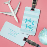 Personalise with Name Mr and Mrs Blue Stripes Luggage Tag<br><div class="desc">Stylish personalised luggage tag featuring the word "Mr and Mrs" in blue brush script against modern blue stripes pattern background. It makes great gifts for newly weds or wedding anniversaries. Personalise this tag by replacing placeholder text with your information and for more options such as to change the font and...</div>