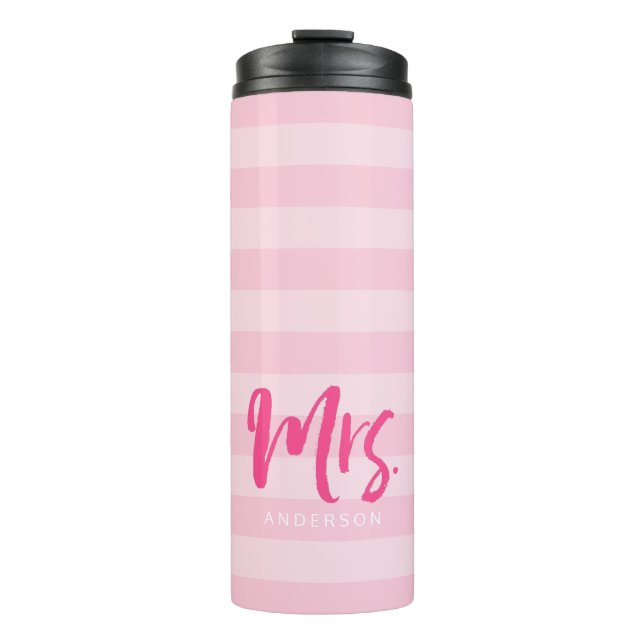 Personalise with Name Mrs Preppy Pink Stripes Thermal Tumbler (Front)