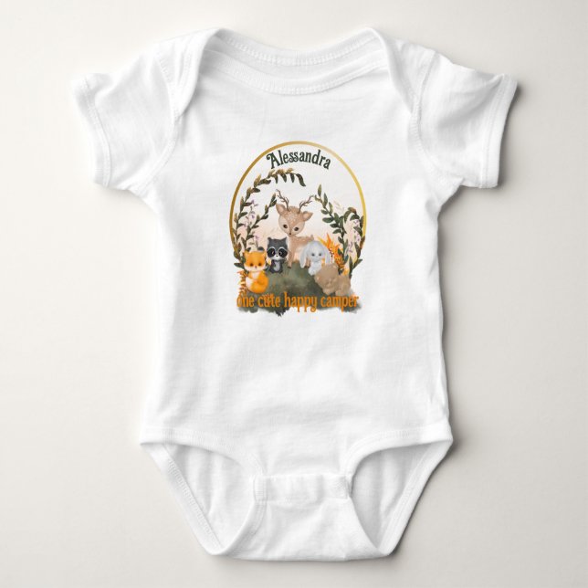 Personalise with name one cute happy camper baby bodysuit (Front)