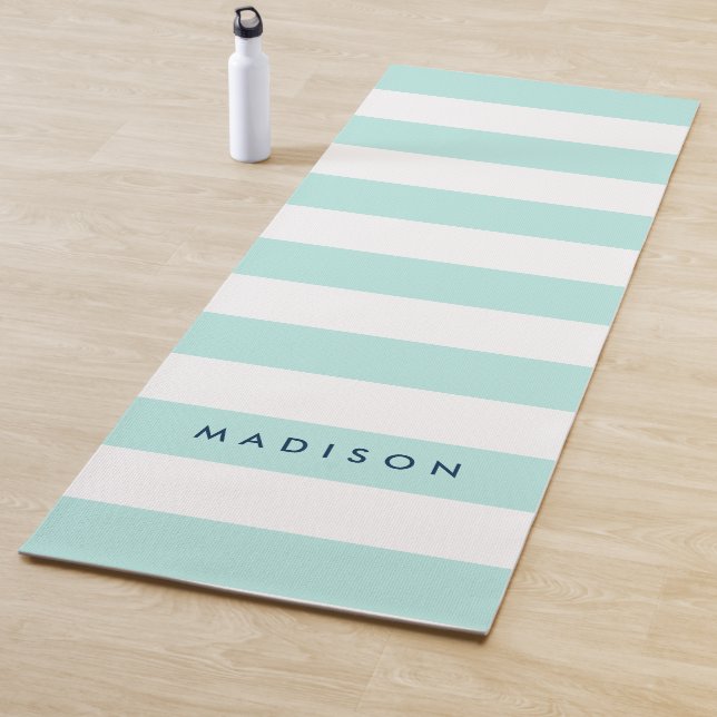 Personalise with Name Preppy Mint & White Stripes Yoga Mat (In Situ)