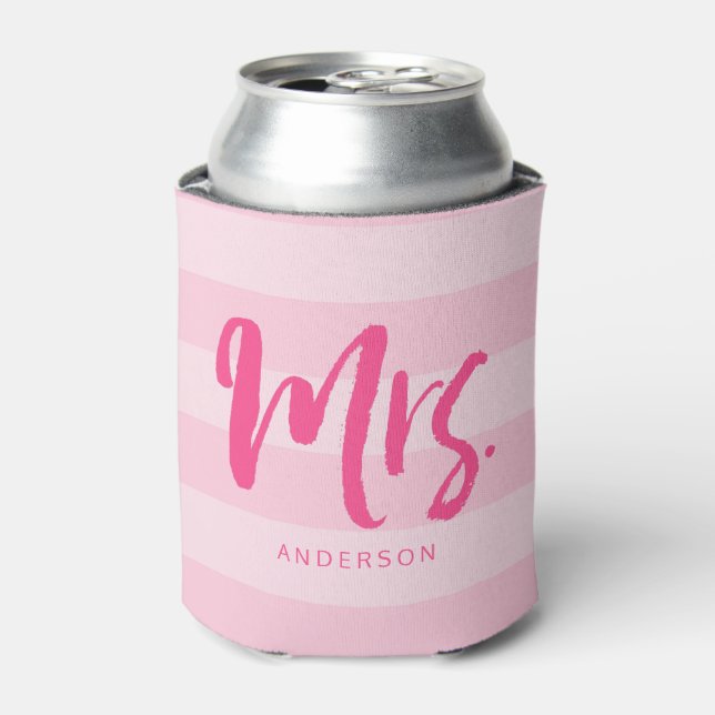 Personalise with Name Preppy Mrs Pink Stripes Can Cooler (Can Front)