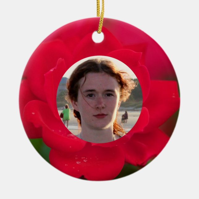 (Personalise) With Photos Red Rose in Bloom Dew Ceramic Tree Decoration (Front)