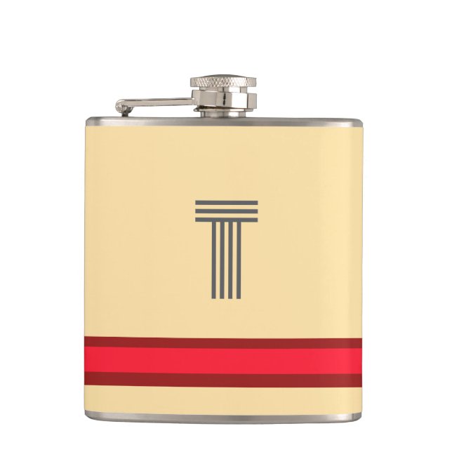 Personalise With Your Initial Creme + Red Stripe  Hip Flask (Front)