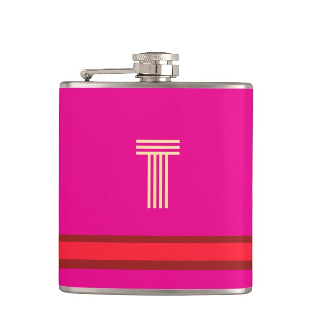 Personalise With Your Initial Pink + Red Stripe  Hip Flask (Front)