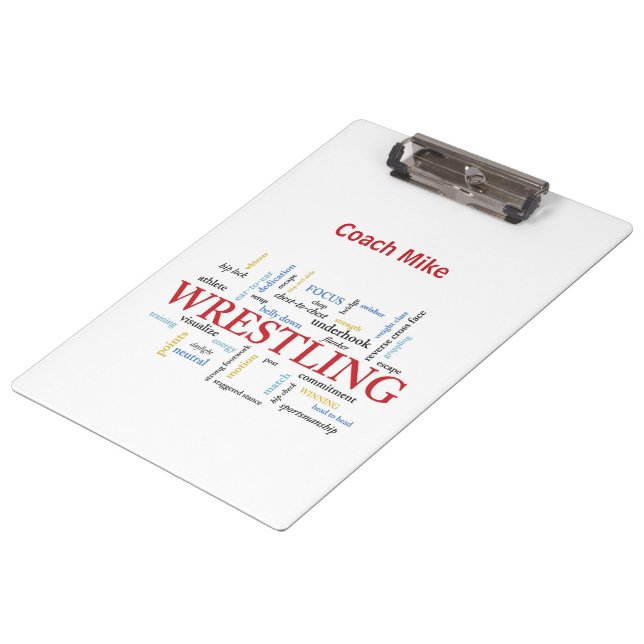 Personalise, Wrestling Coach Thank You in Words Clipboard (Angled)